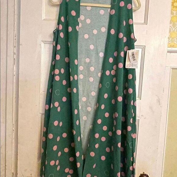 LuLaRoe Small Joy Vest • Forest Green With Rose Polka Dots • Long Sweater Vest - Picture 10 of 12